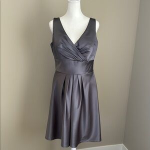 Bill Levkoff Dress Size 14 Satin Gray Charcoal Gunmetal V Neck Knee Length